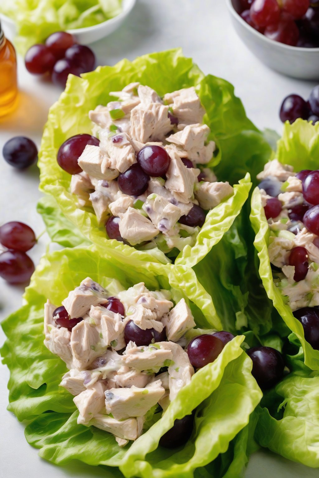 A high-resolution photo of classic honey-grape chicken salad served in a lettuce wrap, garnished with extra grapes, under soft lighting.
