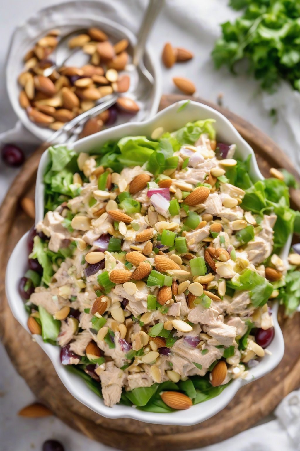 A high-resolution photo of curried sweet grape chicken salad topped with almonds and green onions, in a white bowl, under soft lighting.