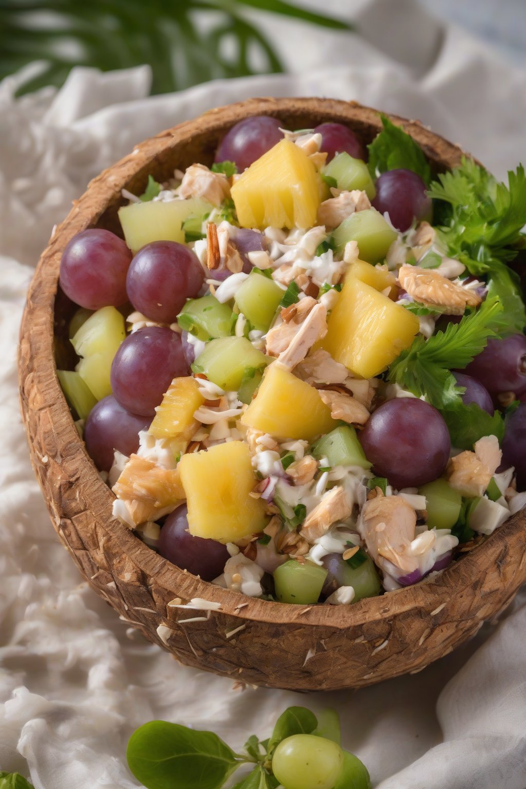 A high-resolution photo of tropical pineapple-grape chicken salad with macadamia nuts, in a coconut shell bowl, under soft lighting.