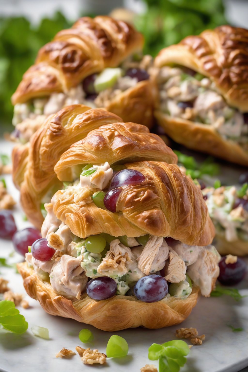 A high-resolution photo of walnut crunch grape chicken salad stuffed in croissants, drizzled with maple, under soft lighting.