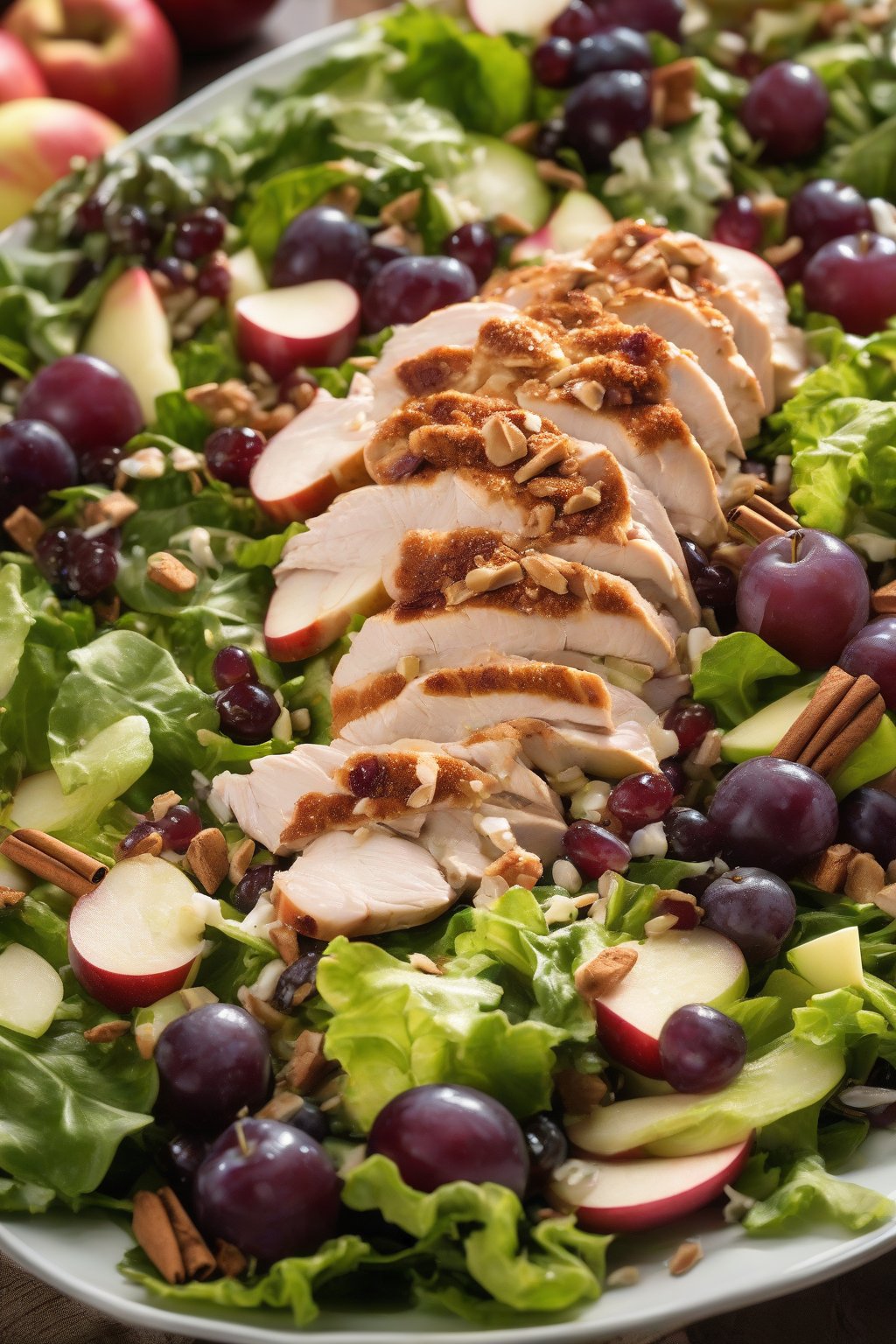 A high-resolution photo of apple cinnamon grape chicken salad over mixed greens, sprinkled with cinnamon, under soft lighting.