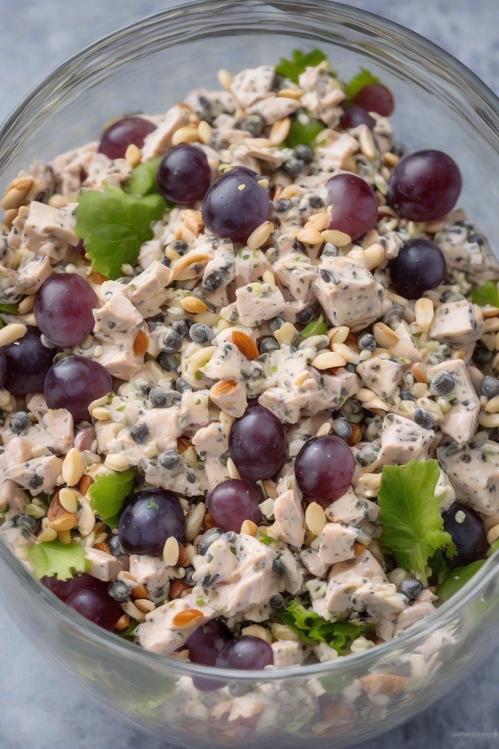 A high-resolution photo of poppy seed sweet grape chicken salad in a glass bowl, seeds glistening, under soft lighting.