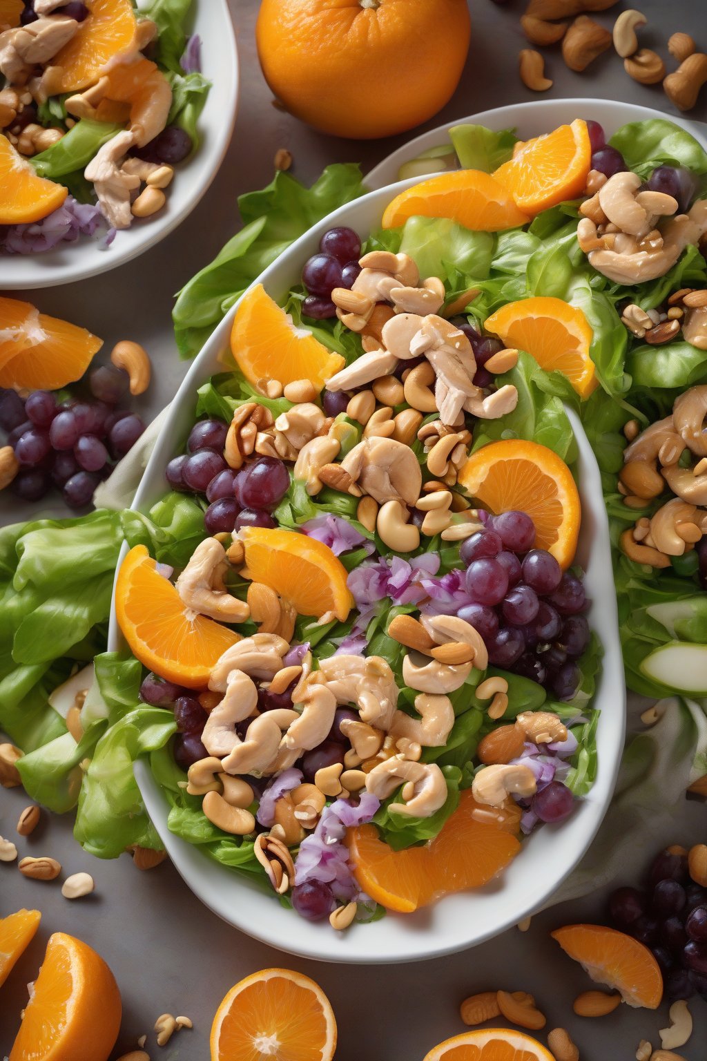 A high-resolution photo of mandarin orange grape chicken salad with cashews, vibrant colors popping, under soft lighting.