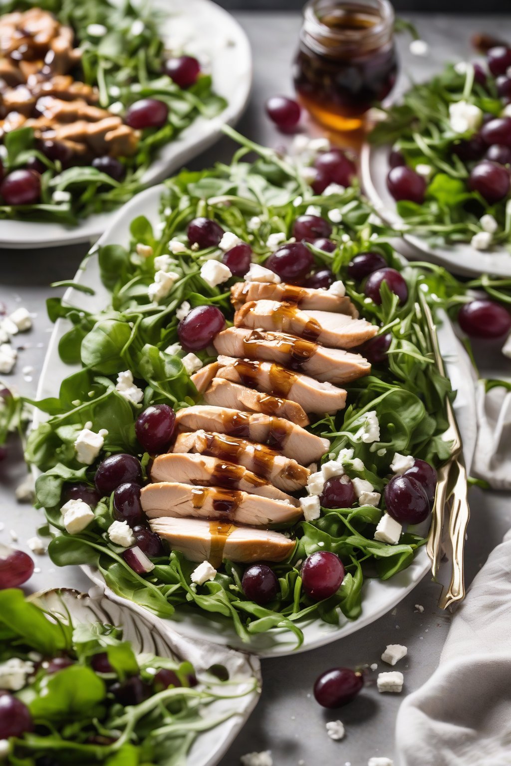 A high-resolution photo of balsamic honey grape chicken salad on arugula with feta, glossy glaze, under soft lighting.