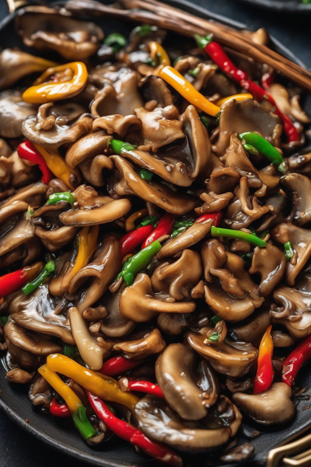 A close-up photo of garlic soy oyster mushroom stir-fry with golden-brown mushrooms and vibrant peppers under soft lighting.