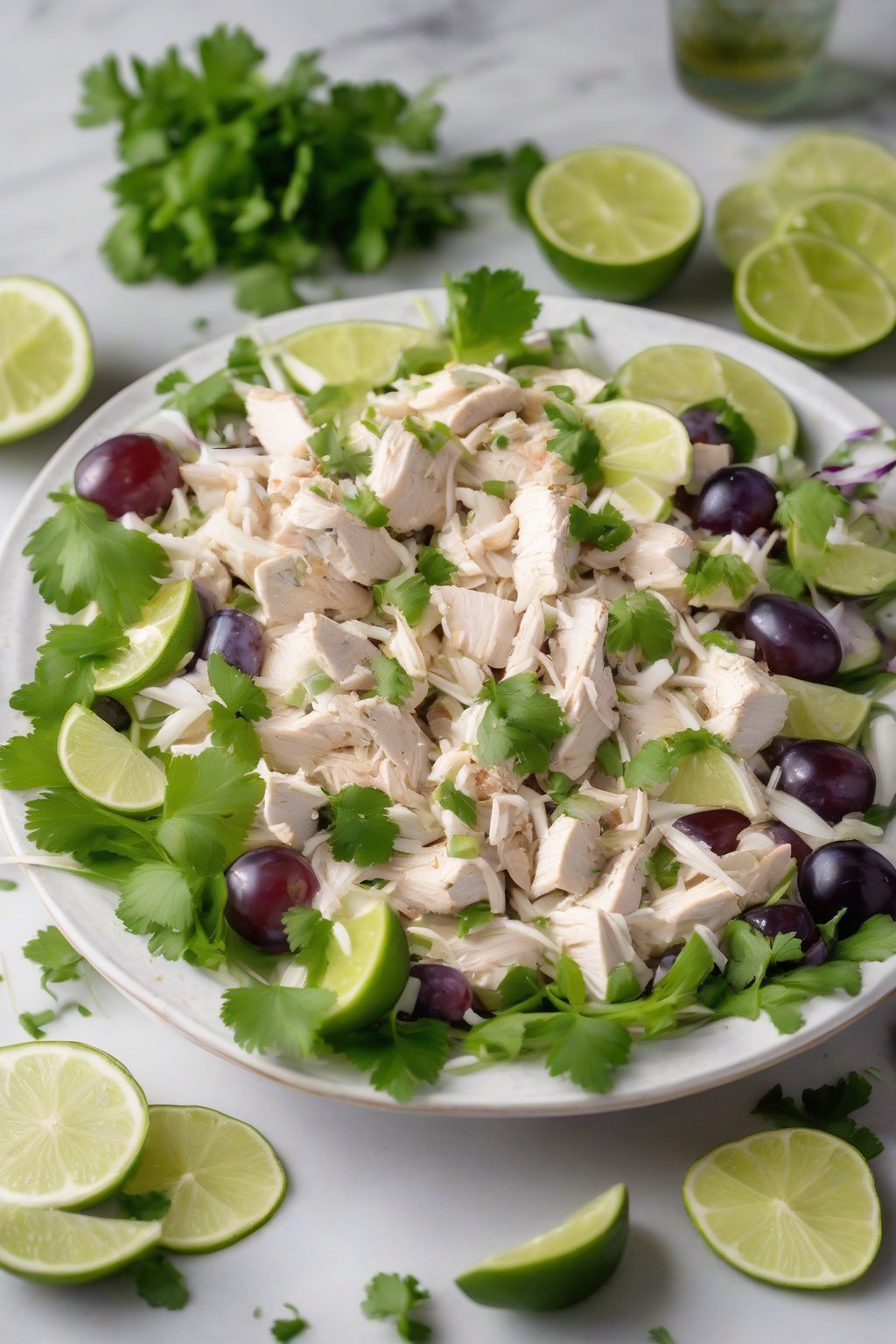 A high-resolution photo of coconut lime grape chicken salad garnished with cilantro and lime wedges, under soft lighting.
