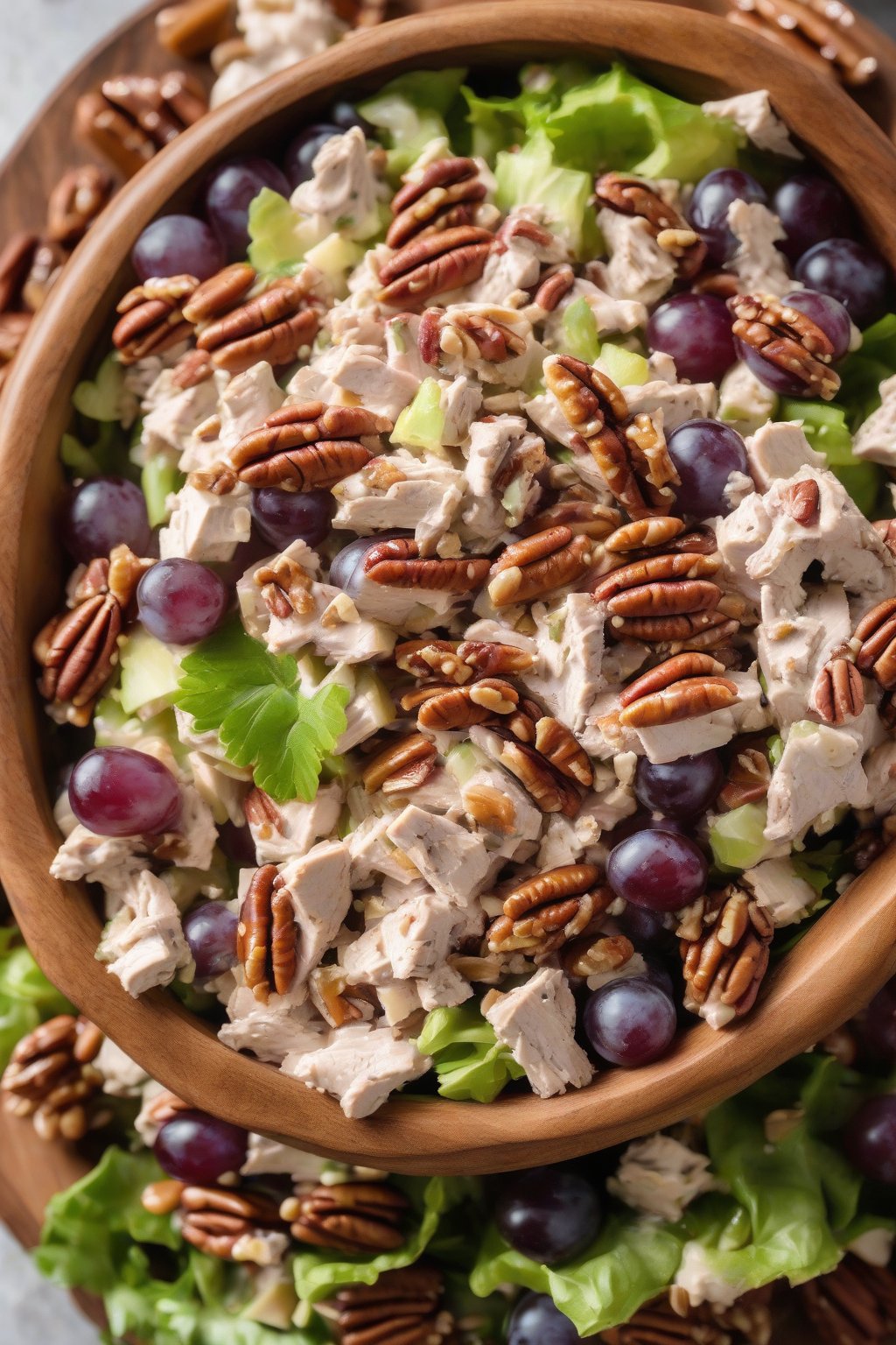 A high-resolution photo of maple pecan grape chicken salad in a wooden bowl, pecans toasted golden, under soft lighting.