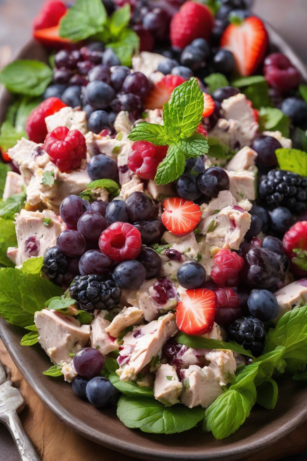 A high-resolution photo of berry medley grape chicken salad with fresh mint, juicy berries shining, under soft lighting.