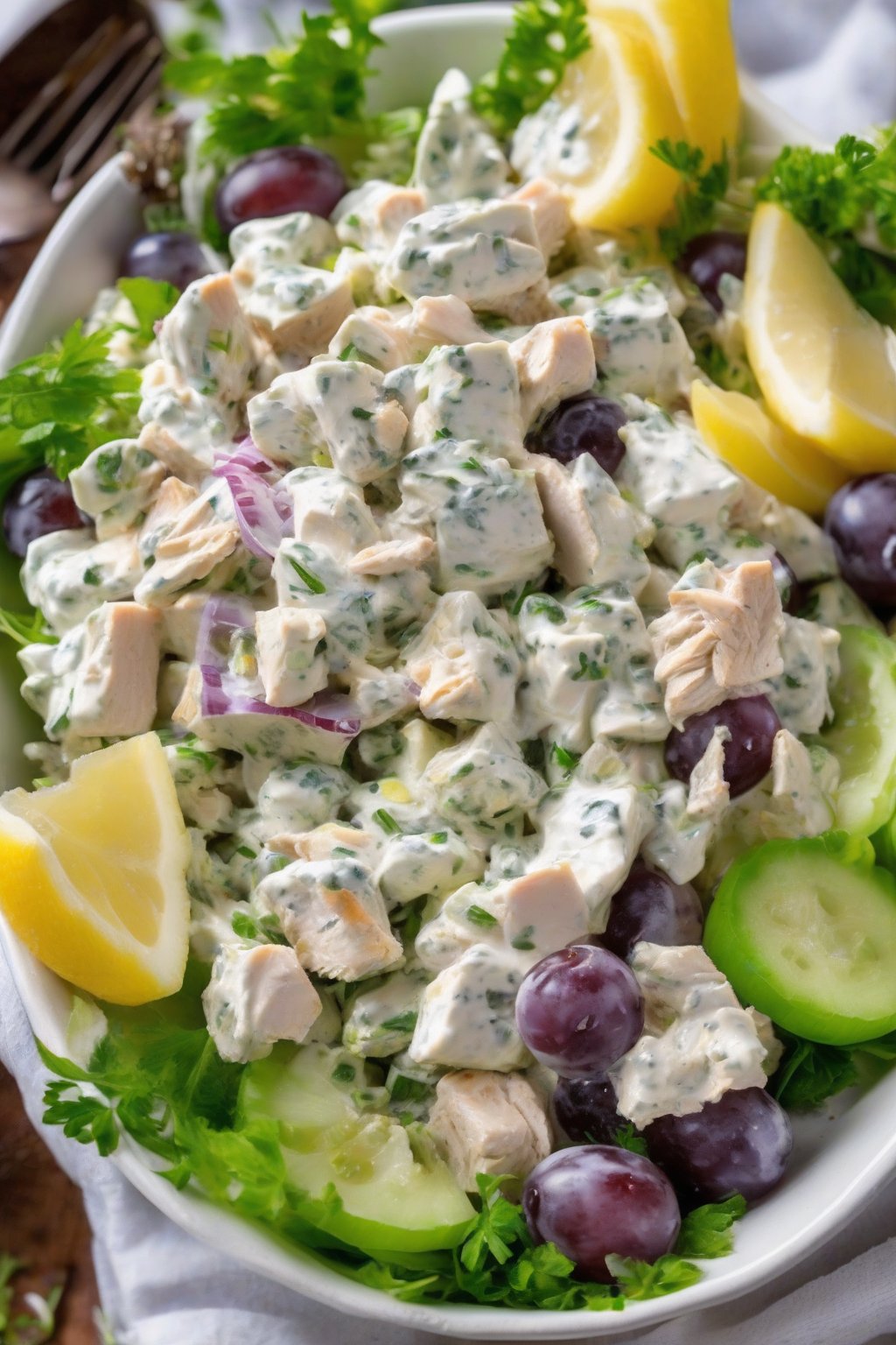 A high-resolution photo of yogurt dill sweet grape chicken salad with lemon zest, fresh and creamy, under soft lighting.
