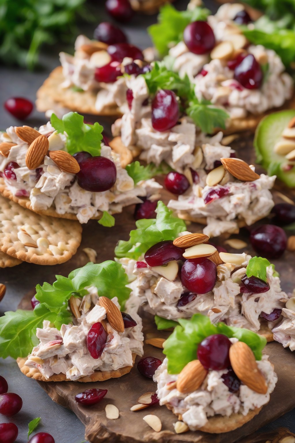A high-resolution photo of cranberry almond grape chicken salad on crackers, colorful and textured, under soft lighting.