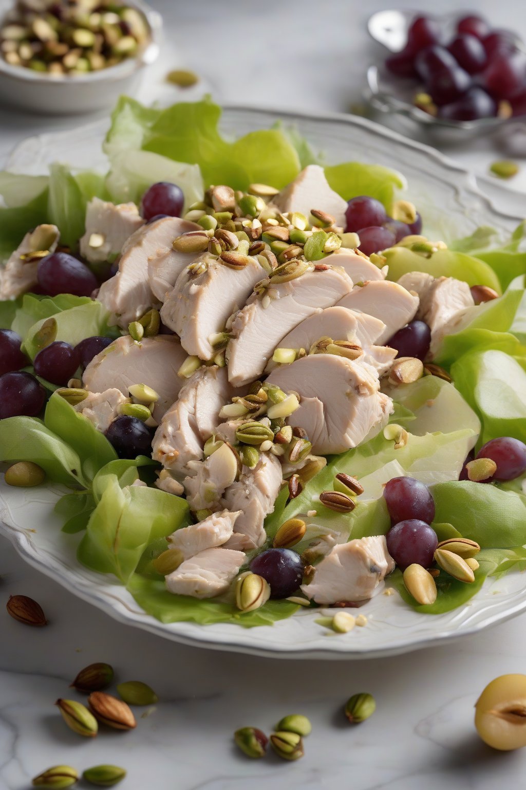 A high-resolution photo of vanilla pear grape chicken salad sprinkled with pistachios, elegant plating, under soft lighting.