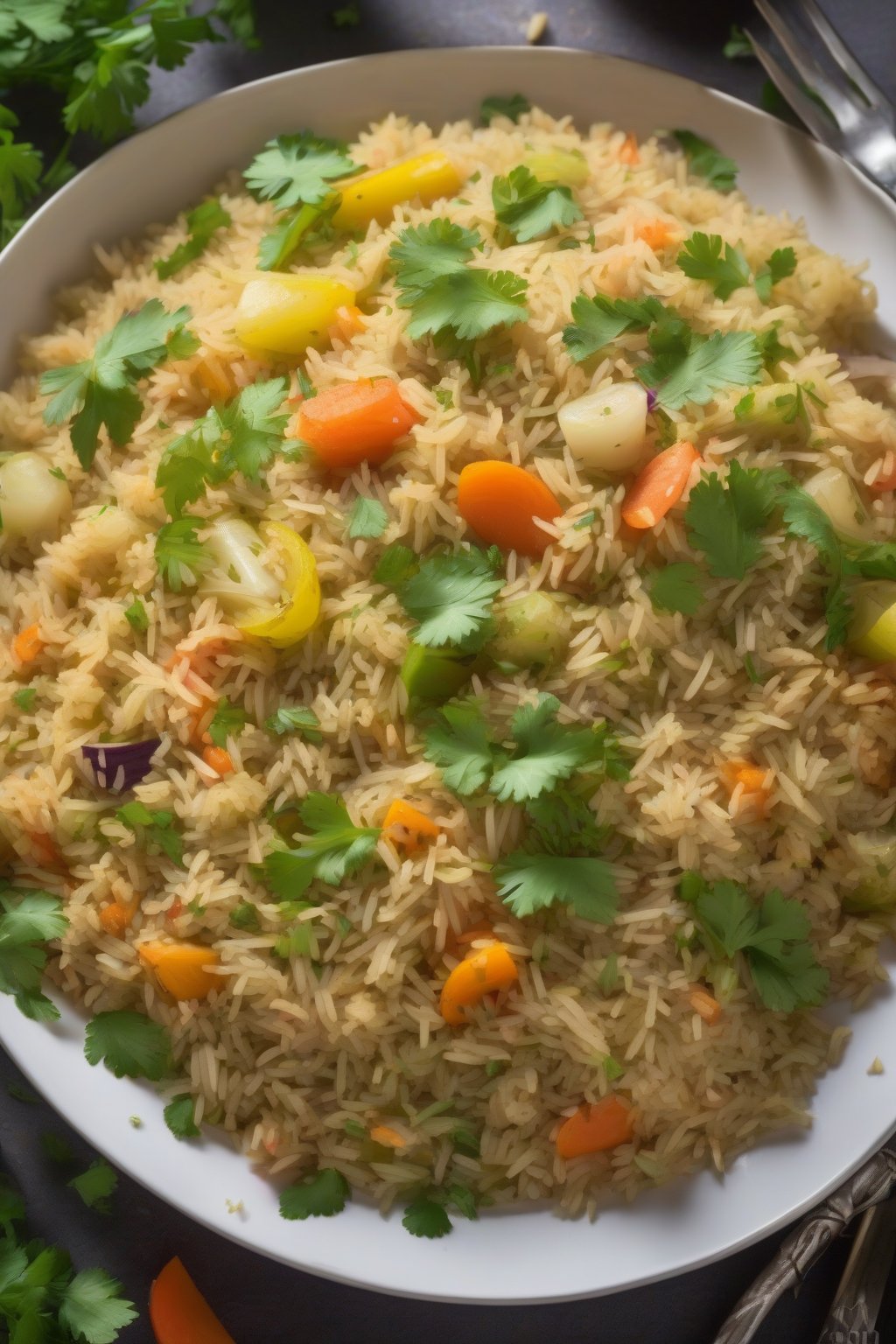 A high-resolution photo of steaming classic mixed vegetable pulao garnished with cilantro under soft lighting.