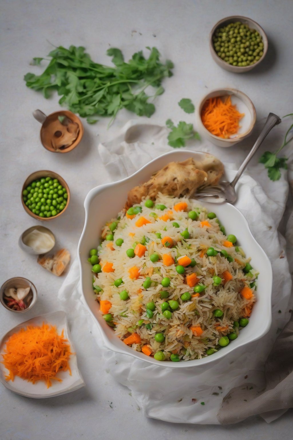 A high-resolution photo of colorful carrot and green peas pulao in a white bowl under soft lighting.
