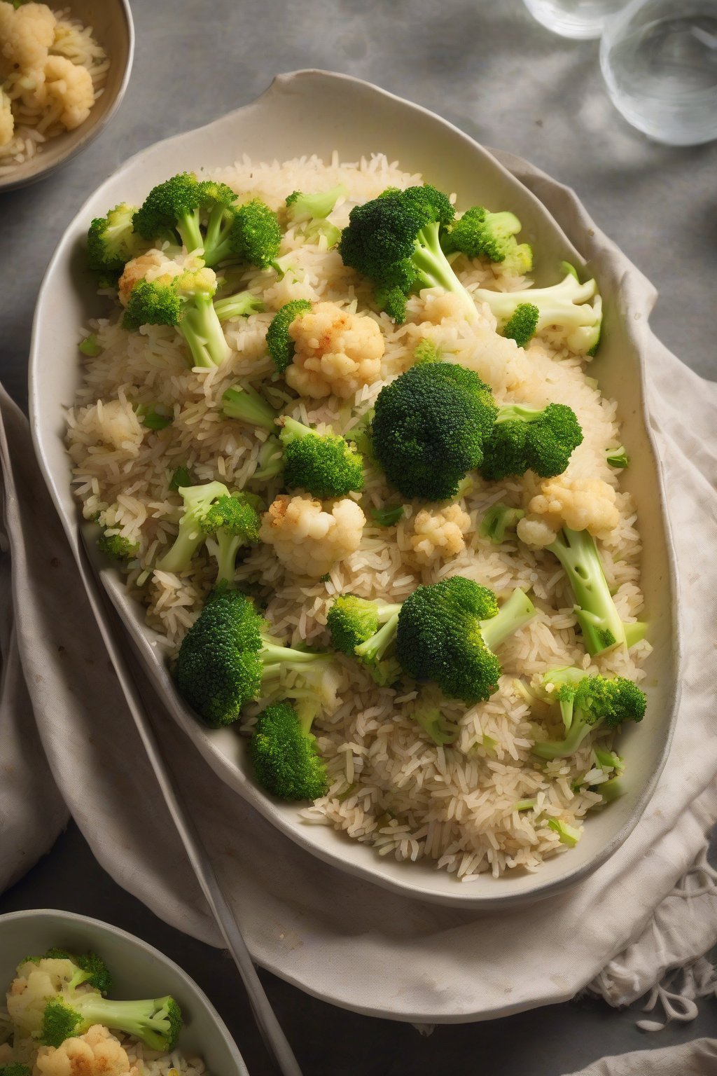 A high-resolution photo of broccoli and cauliflower pulao florets atop fluffy rice under soft lighting.