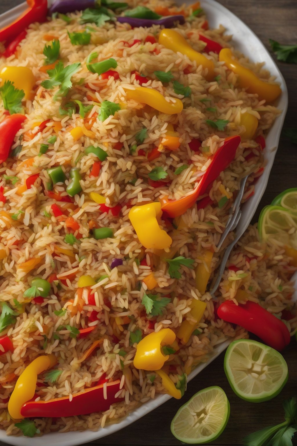 A high-resolution photo of vibrant bell pepper medley pulao with sliced peppers shining under soft lighting.