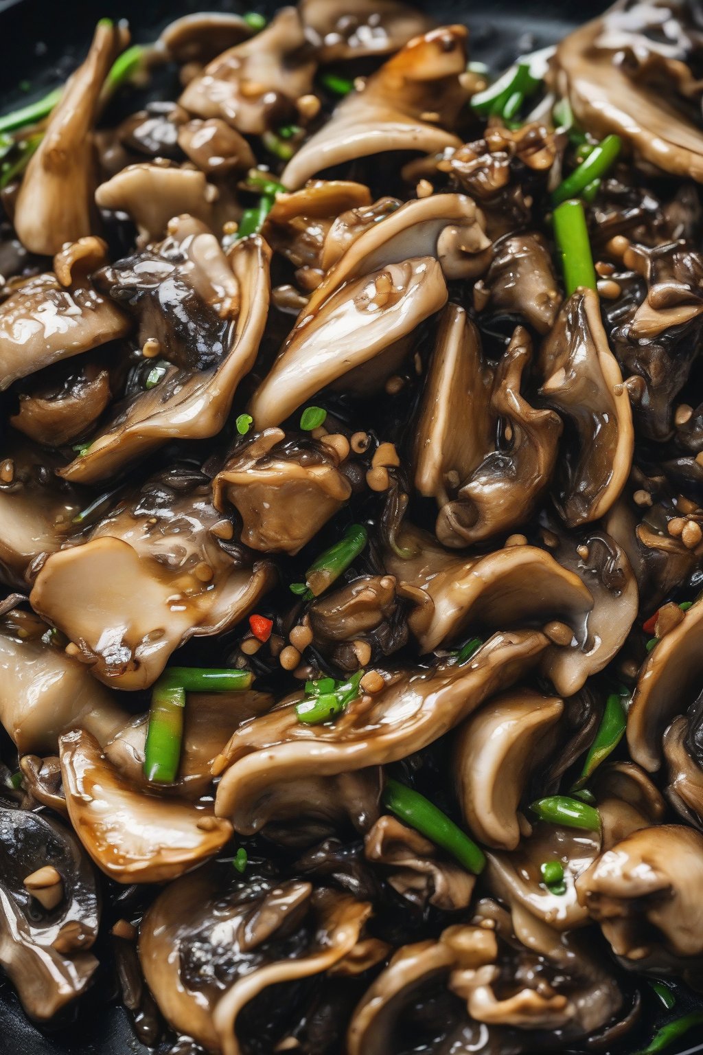 A close-up photo of black pepper oyster mushroom stir-fry glistening with sauce and cracked pepper under soft lighting.