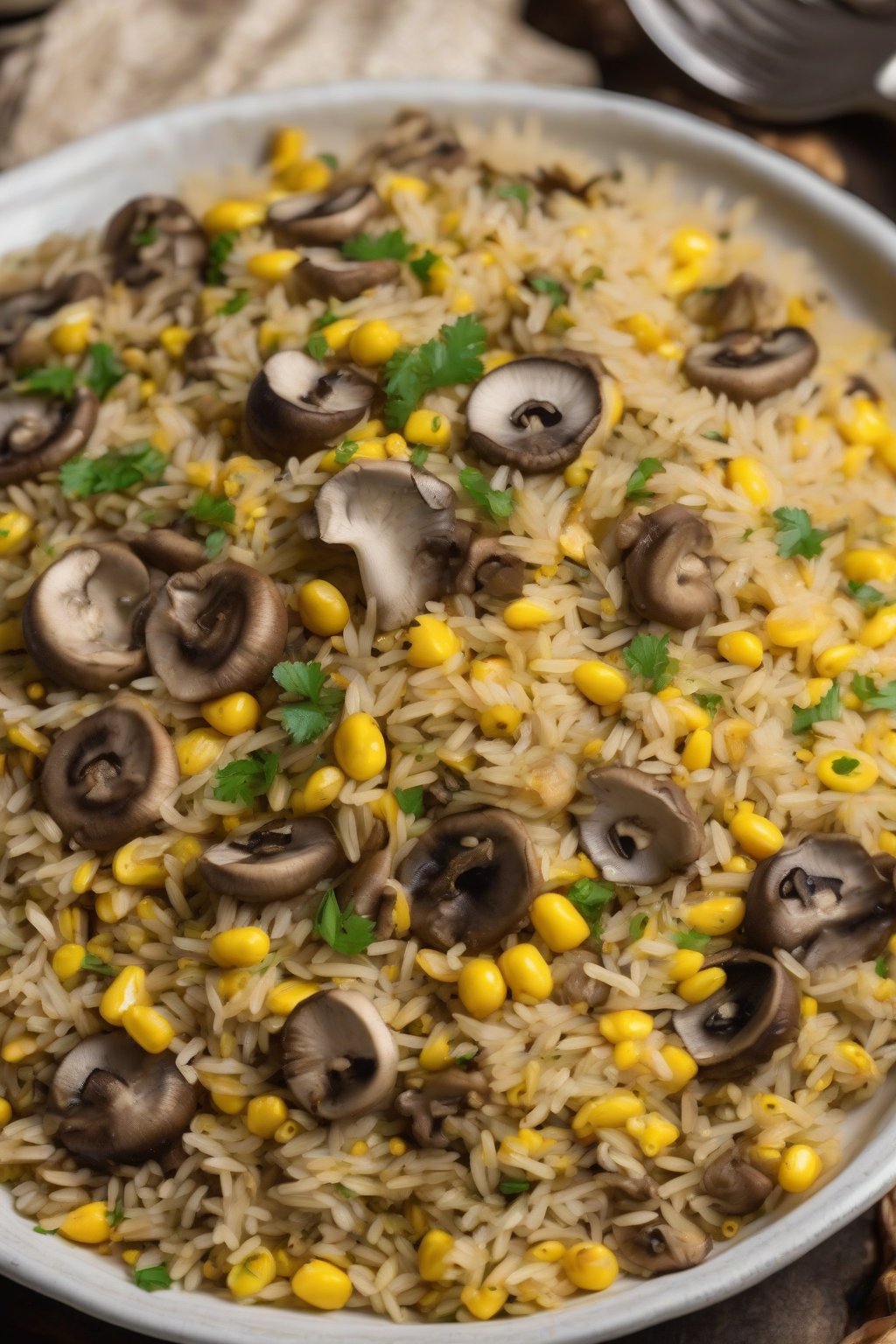A high-resolution photo of mushroom and corn pulao with golden kernels under soft lighting.