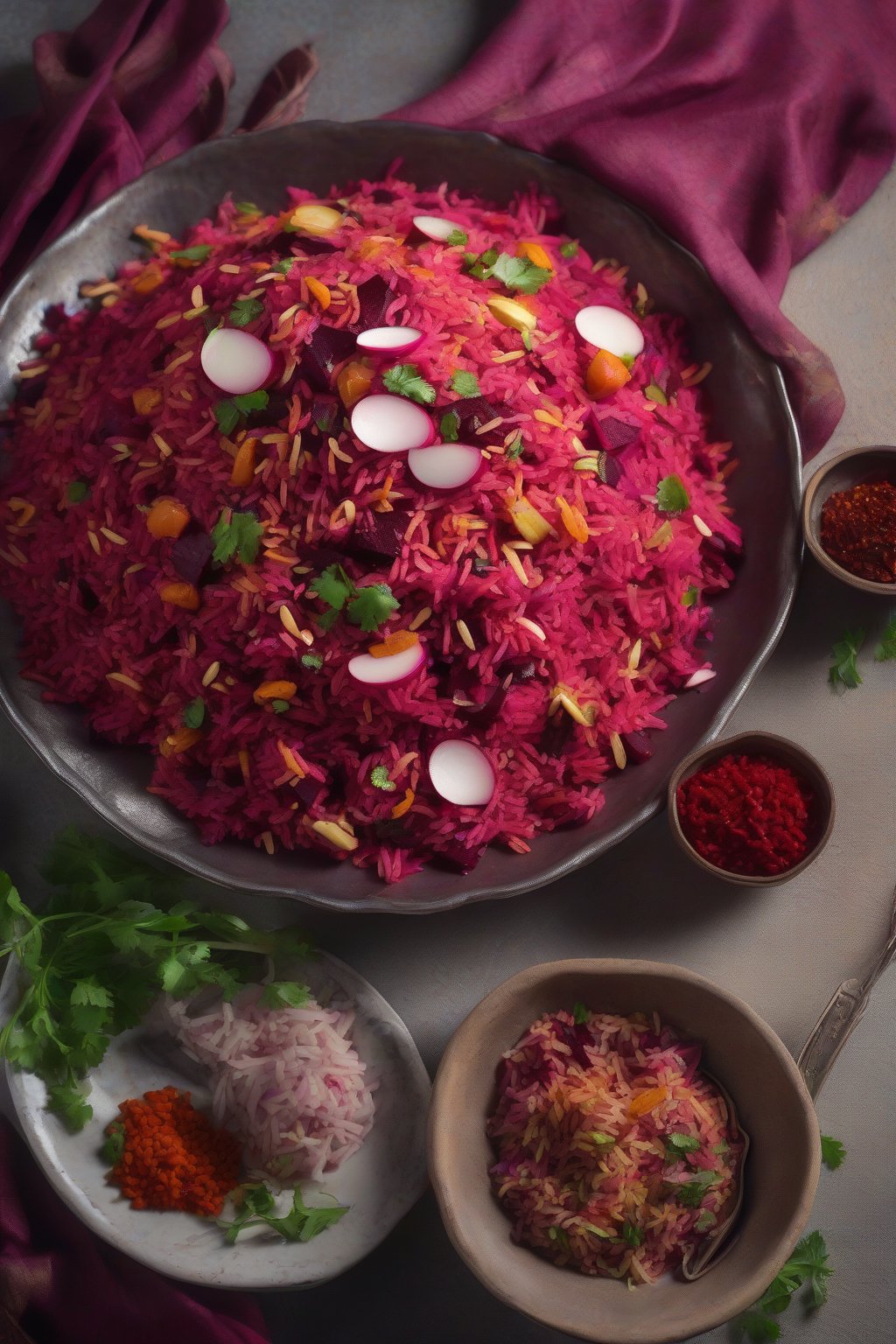A high-resolution photo of ruby-red beetroot pulao piled high under soft lighting.