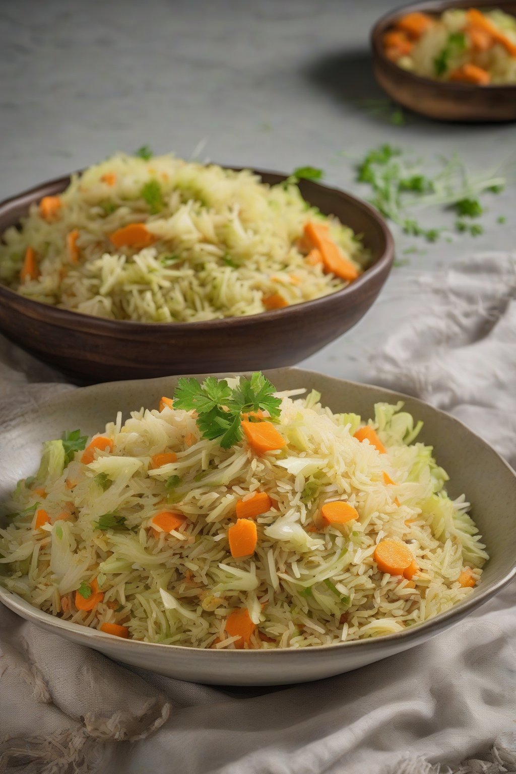 A high-resolution photo of fresh cabbage and carrot pulao with green flecks under soft lighting.