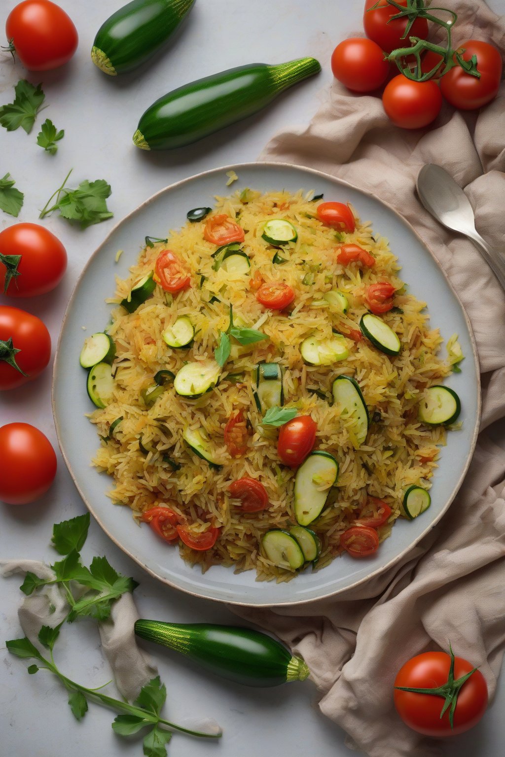 A high-resolution photo of zucchini and tomato pulao with glossy tomatoes under soft lighting.