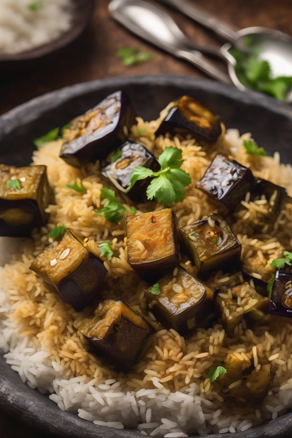 A high-resolution photo of tender eggplant pulao cubes nestled in rice under soft lighting.