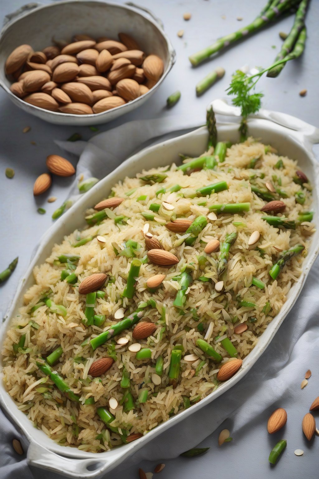A high-resolution photo of asparagus and almond pulao with slivered nuts under soft lighting.