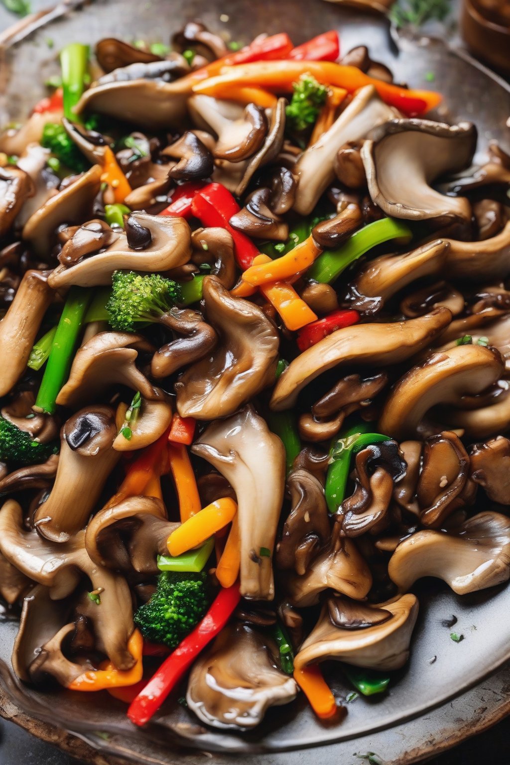 A close-up photo of teriyaki oyster mushroom stir-fry with glossy mushrooms and colorful veggies under soft lighting.