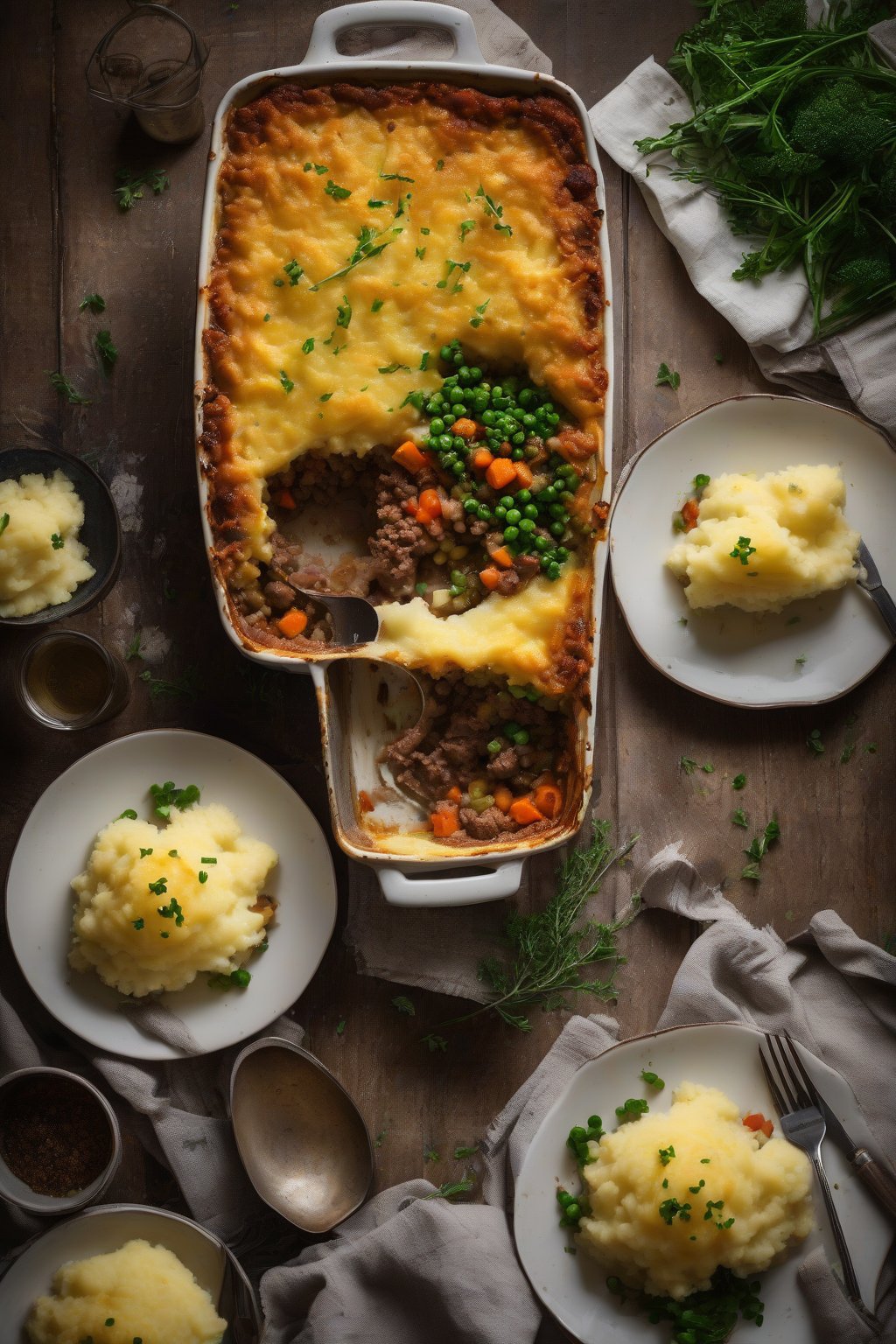 A high-resolution photo of a classic Shepherd's Pie with golden mashed potato topping, sliced to reveal layers of lamb and vegetables, under soft lighting.