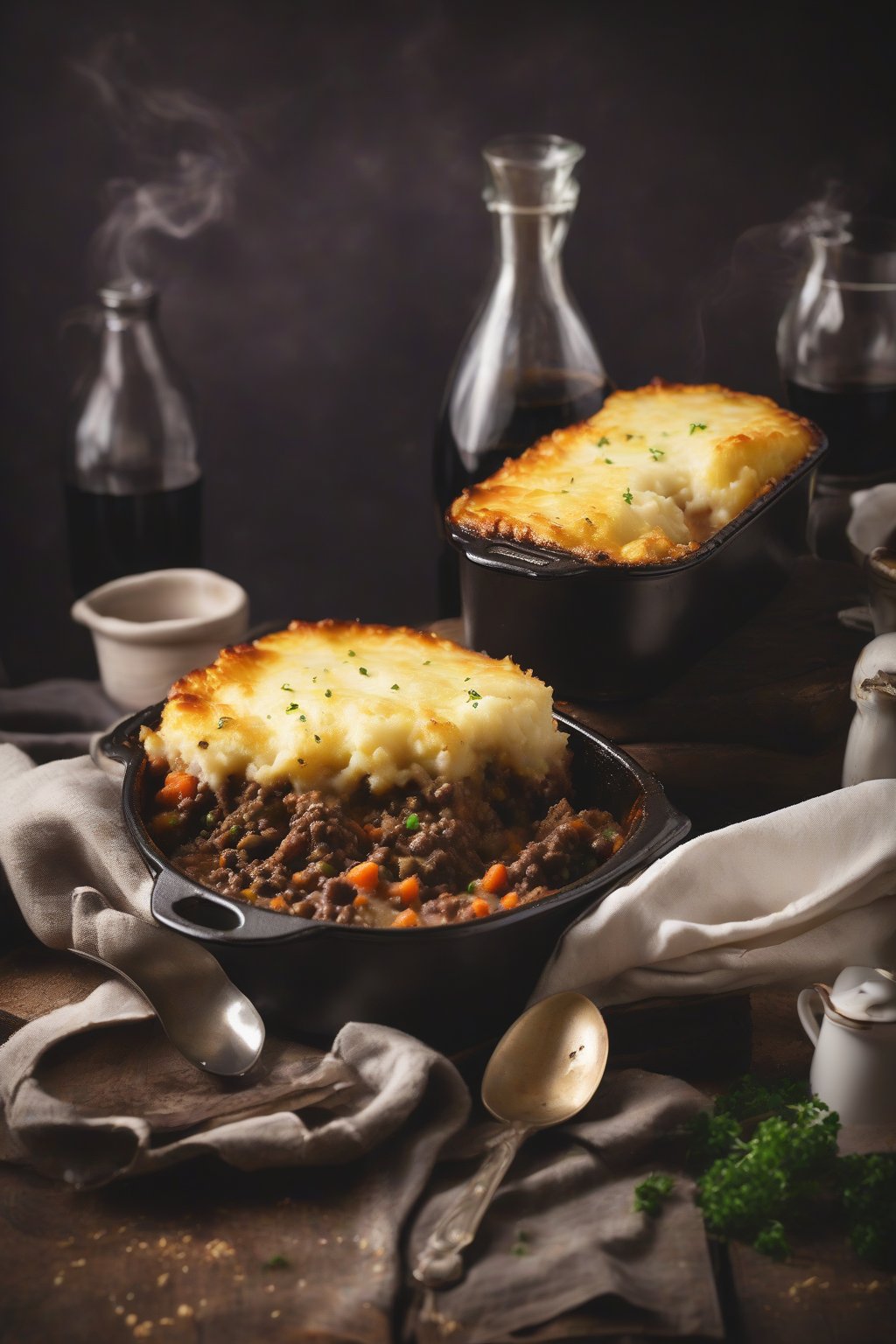 A high-resolution photo of Irish Stout Shepherd's Pie, steam rising from a rich dark filling under crispy mash, under soft lighting.