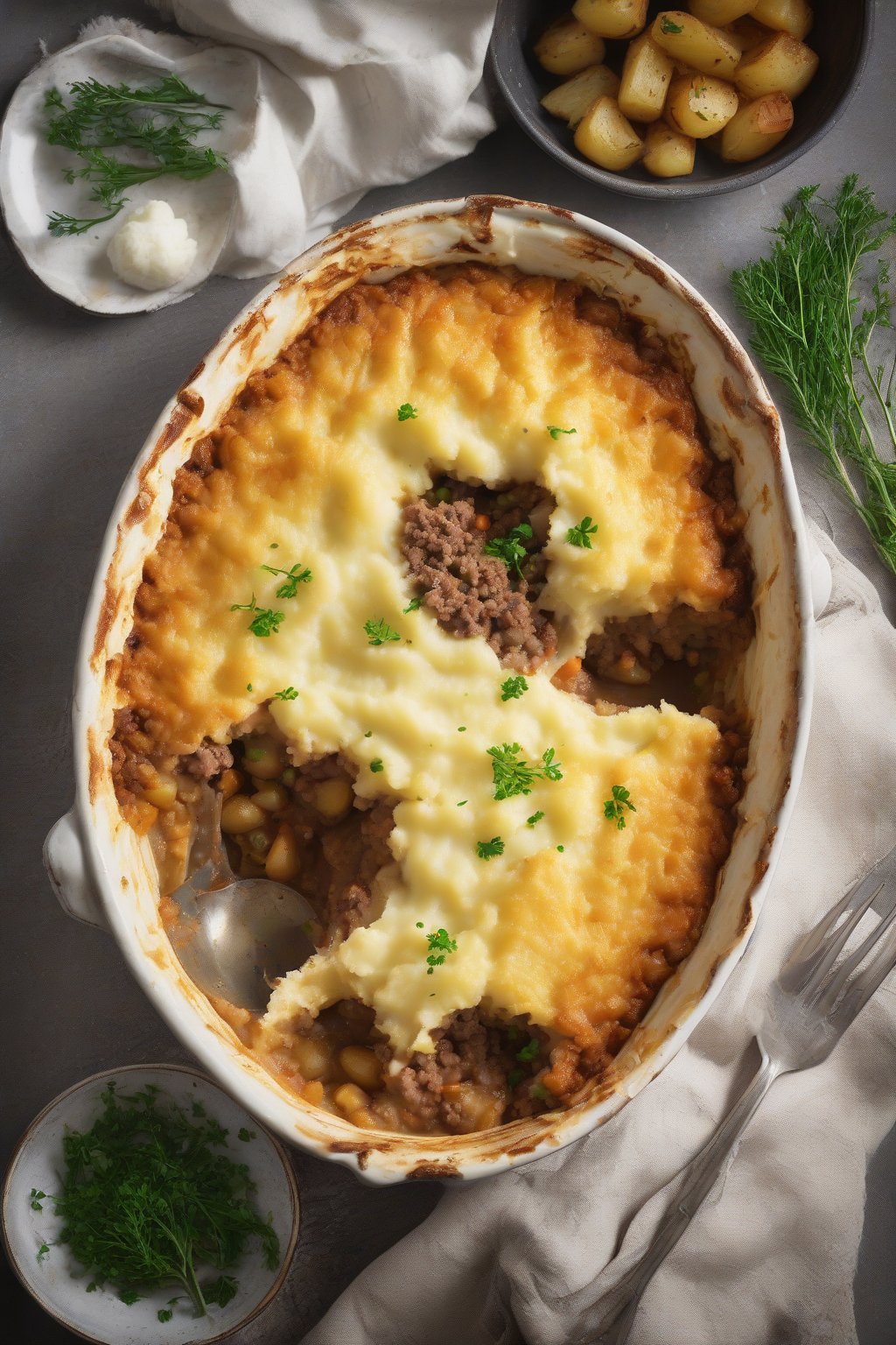 A high-resolution photo of Scottish Shepherd's Pie topped with creamy neeps and tatties mash, cross-section showing tender lamb, under soft lighting.