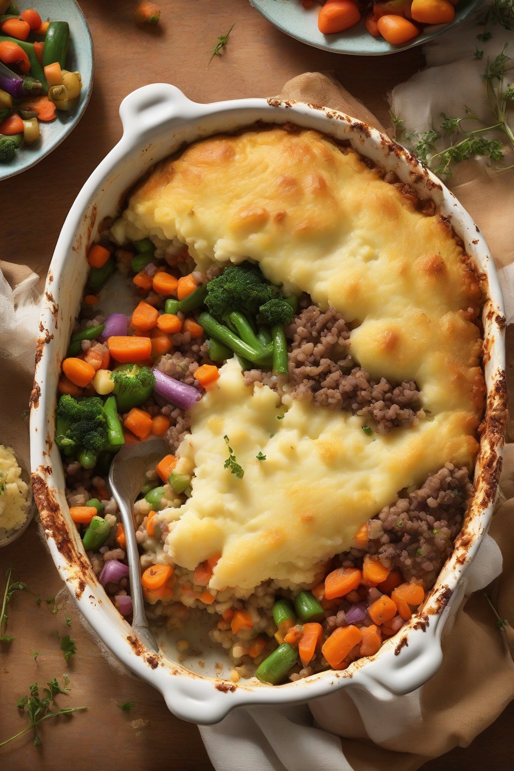 A high-resolution photo of English Garden Shepherd's Pie brimming with colorful vegetables beneath fluffy mash, under soft lighting.