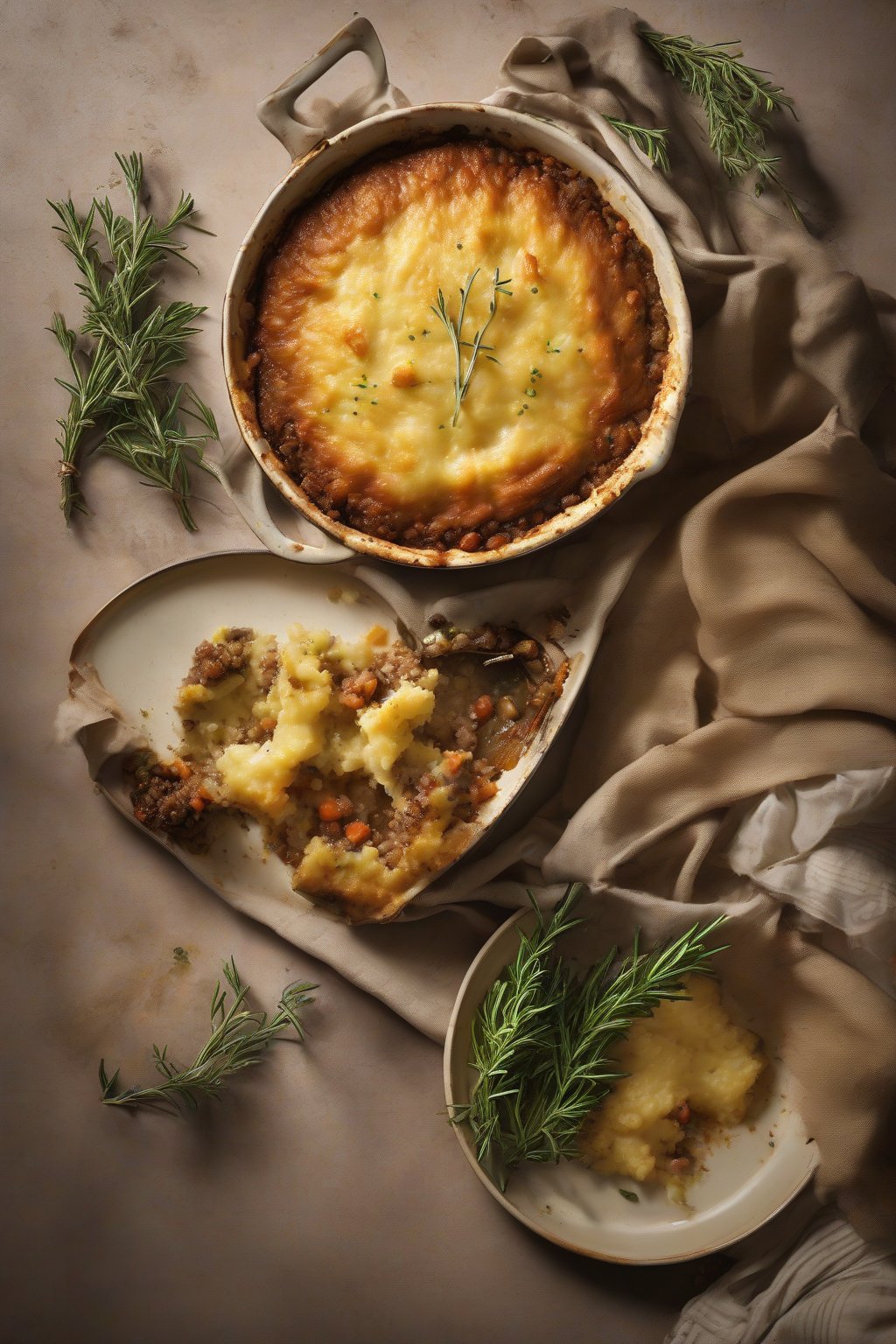 A high-resolution photo of Yorkshire Shepherd's Pie garnished with rosemary sprigs, golden crust revealing herb-flecked lamb, under soft lighting.