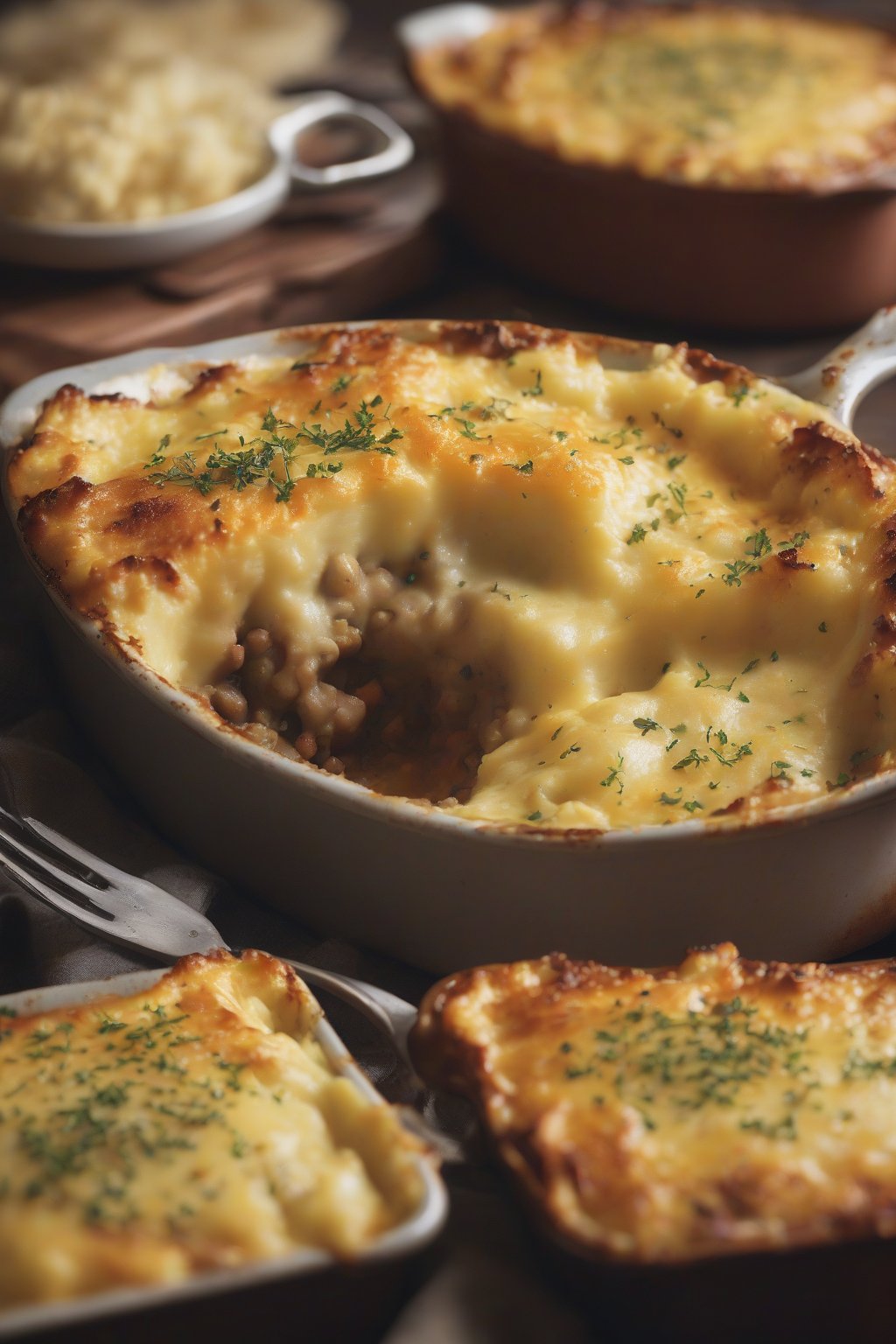 A high-resolution photo of Welsh Rarebit Shepherd's Pie with gooey cheddar mash bubbling over the edges, under soft lighting.