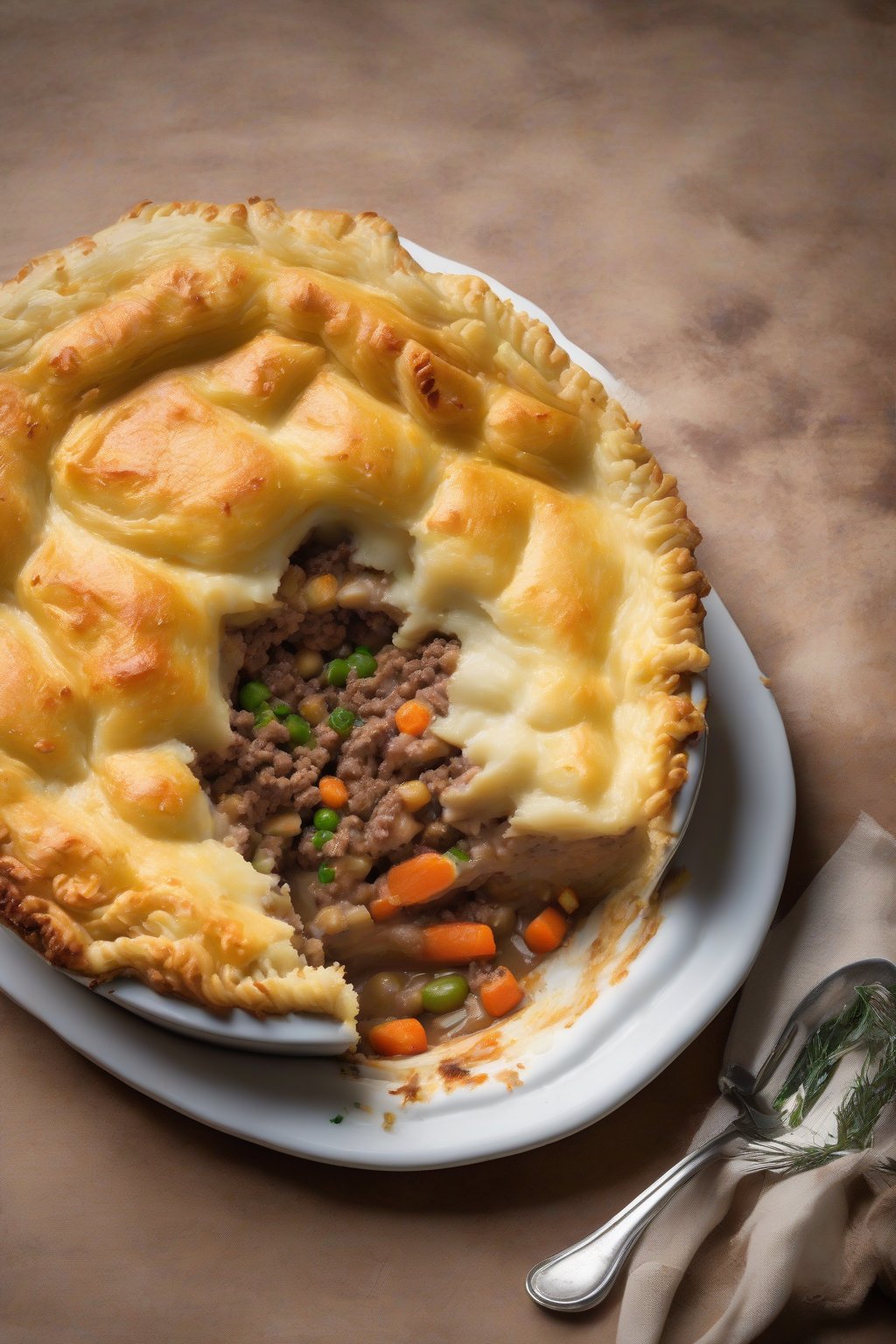 A high-resolution photo of Cornish Shepherd's Pie with pastry accents framing the mashed top, sliced to show filling, under soft lighting.