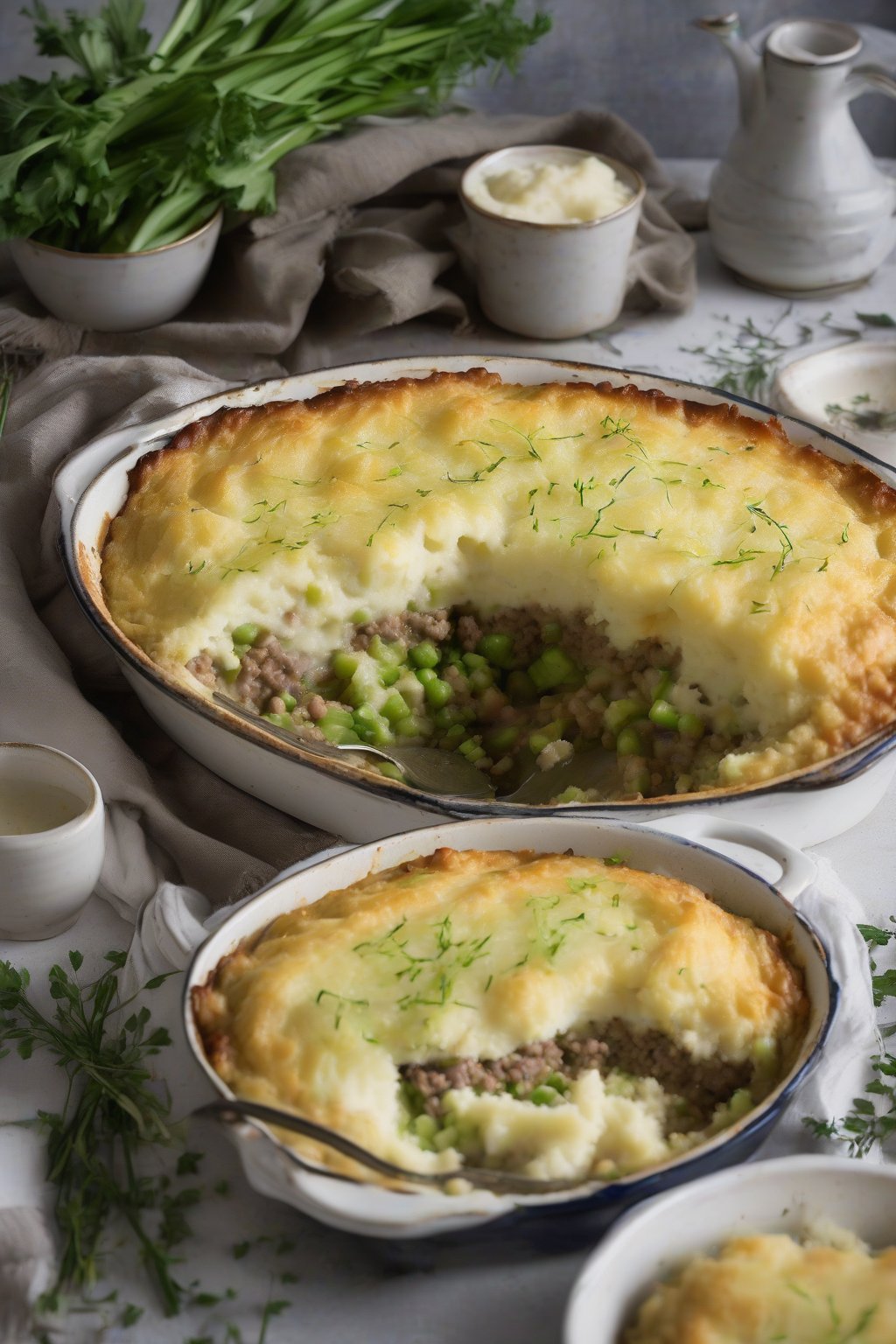 A high-resolution photo of Leek Shepherd's Pie with layers of soft leeks visible under creamy mash, under soft lighting.