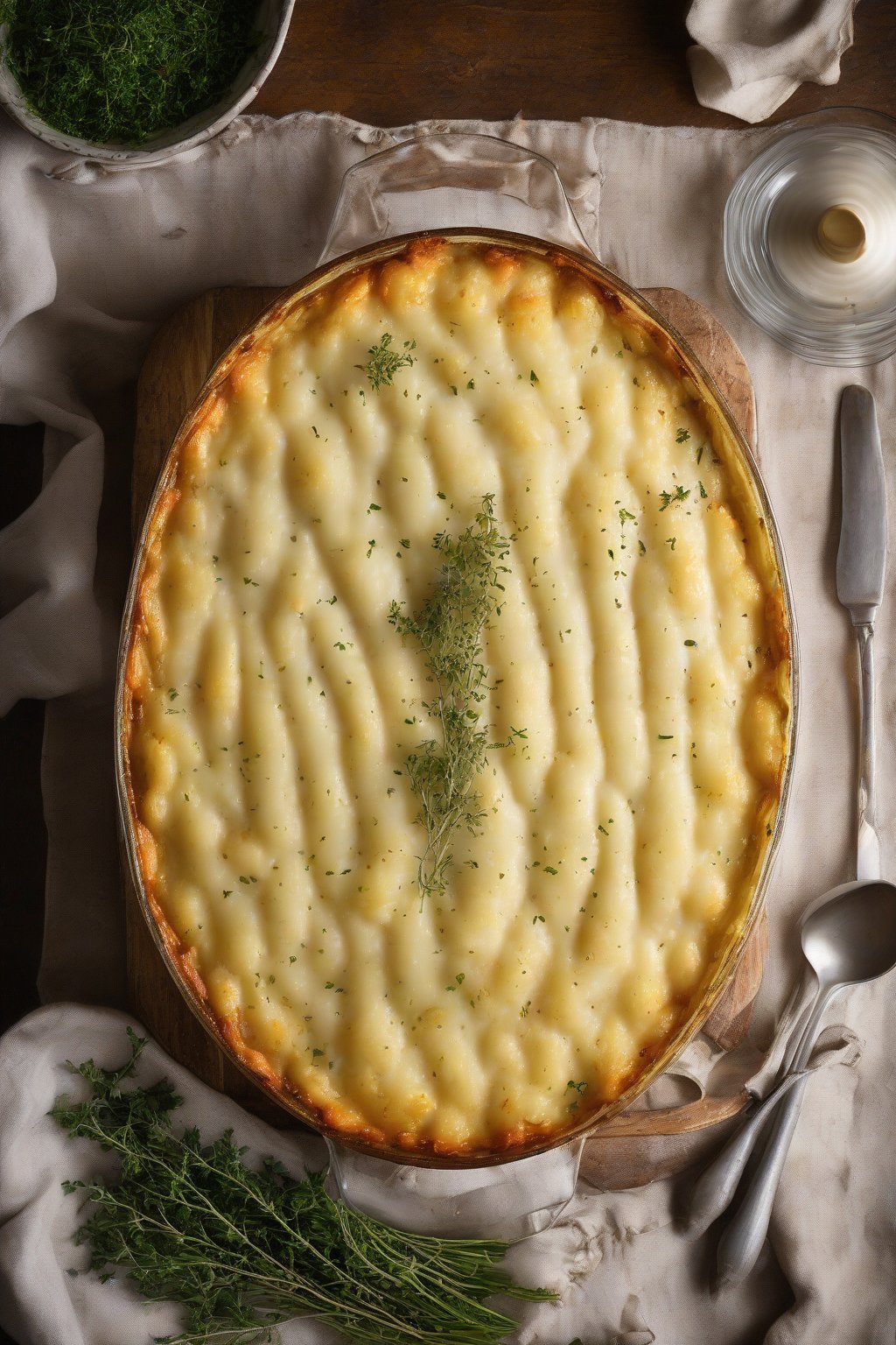 A high-resolution photo of Thyme and Garlic Shepherd's Pie, aromatic steam and herb flecks on the golden top, under soft lighting.