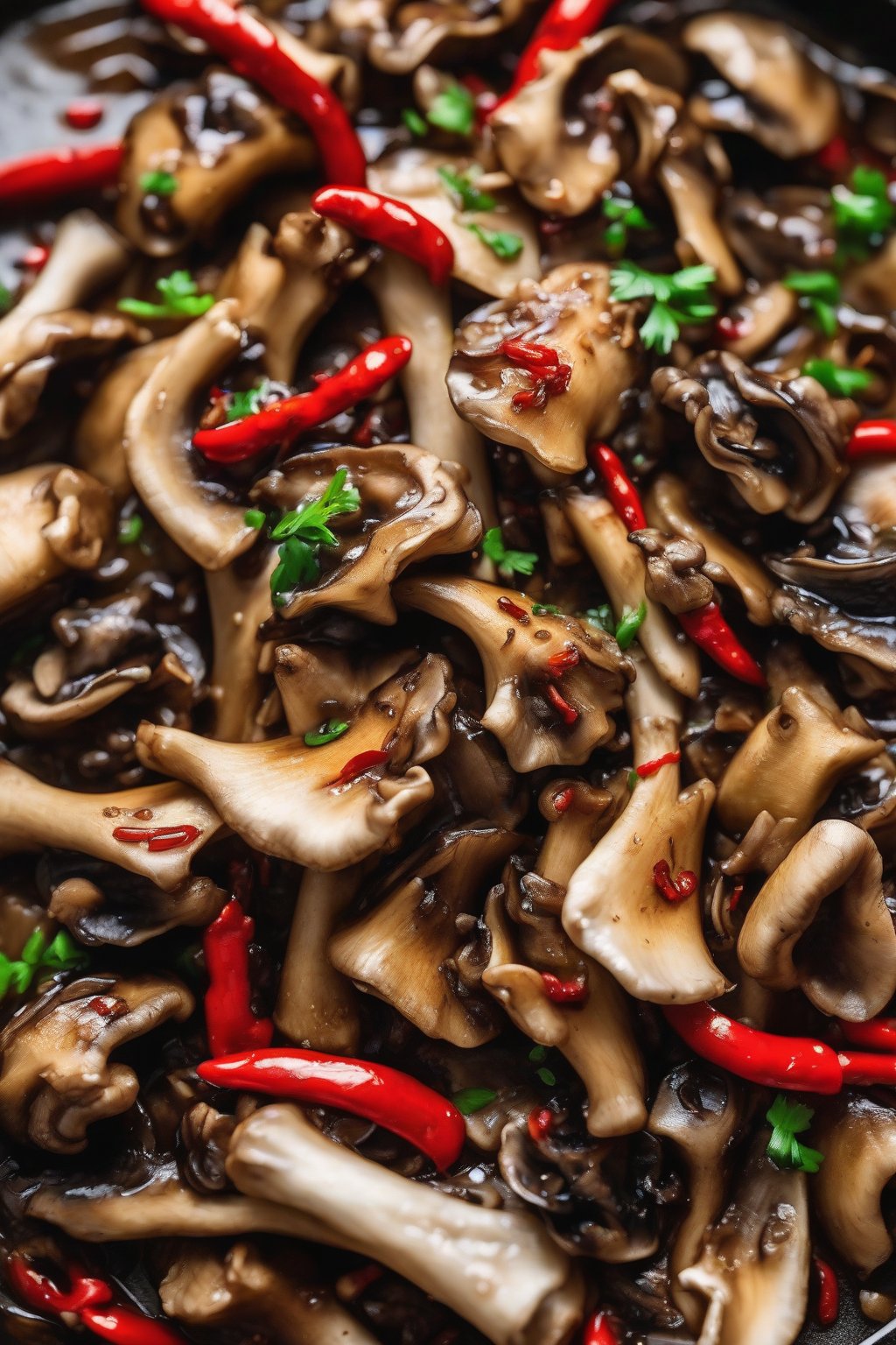 A close-up photo of Szechuan oyster mushroom stir-fry with red chili flecks and tender mushrooms under soft lighting.
