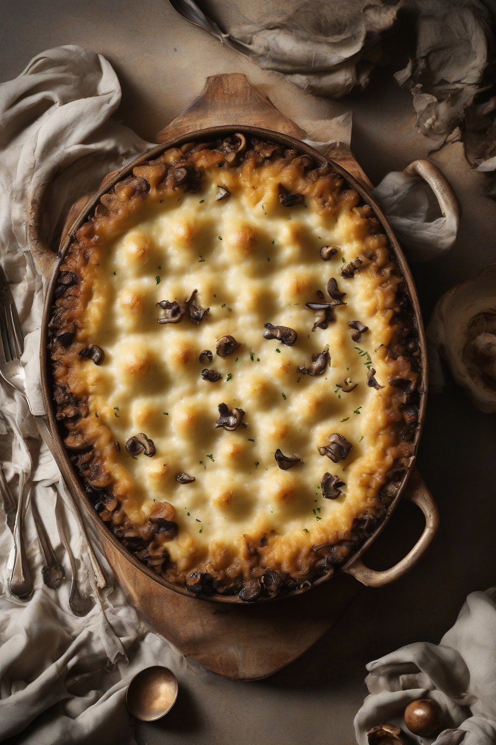A high-resolution photo of Mushroom Shepherd's Pie piled high with earthy mushrooms peeking through mash, under soft lighting.