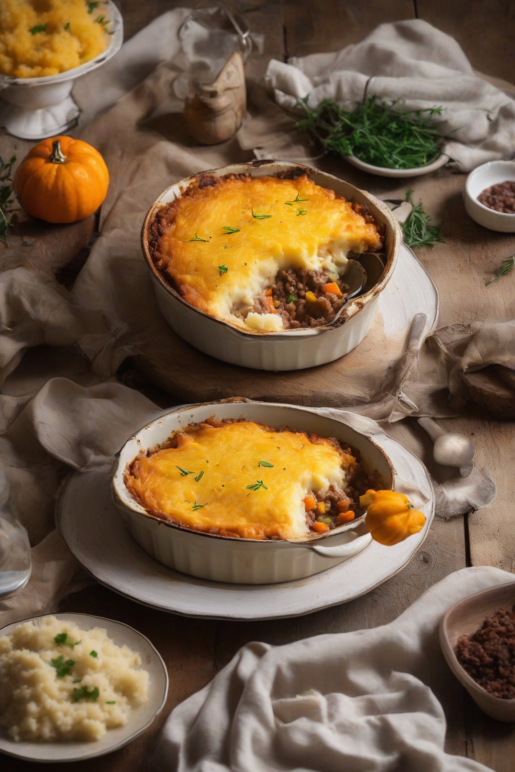 A high-resolution photo of Autumn Harvest Shepherd's Pie with orange squash flecks under rustic mash, under soft lighting.
