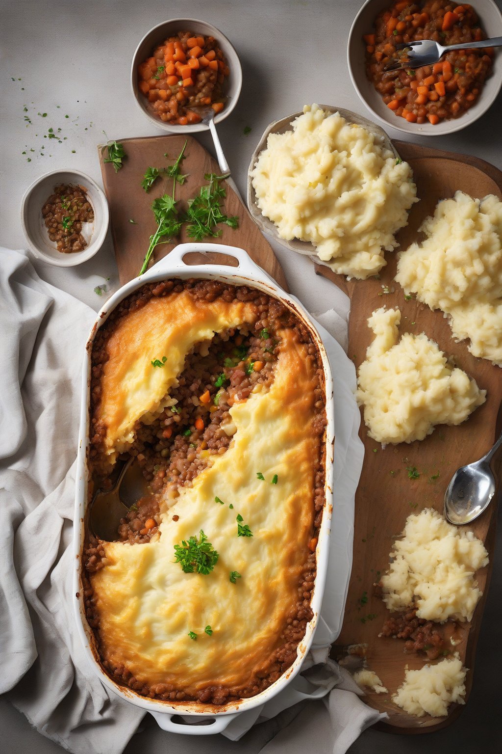 A high-resolution photo of a large Family-Sized Shepherd's Pie, generously portioned with perfect mash topping, under soft lighting.