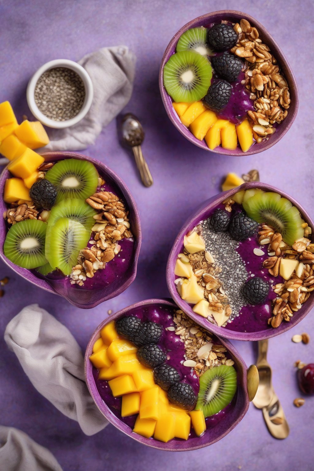 A high-resolution photo of a vibrant purple acai bowl topped with kiwi, mango, granola, and chia seeds under soft lighting.
