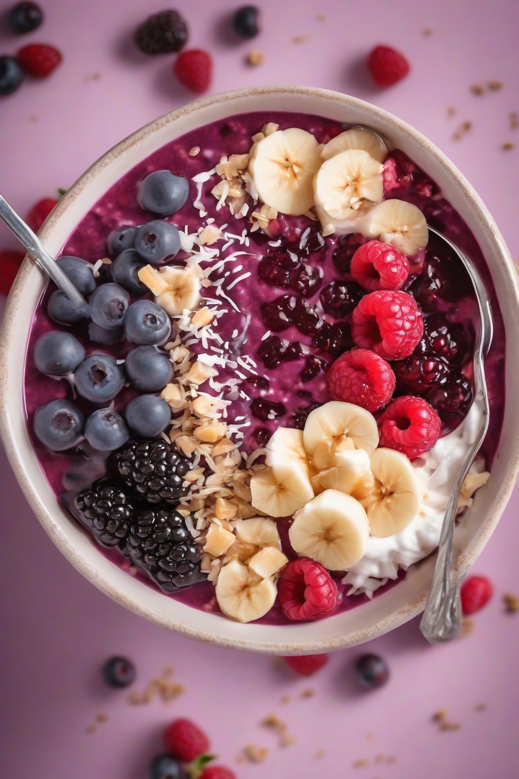 A high-resolution photo of a deep purple acai bowl overflowing with mixed berries, coconut, and honey drizzle under soft lighting.