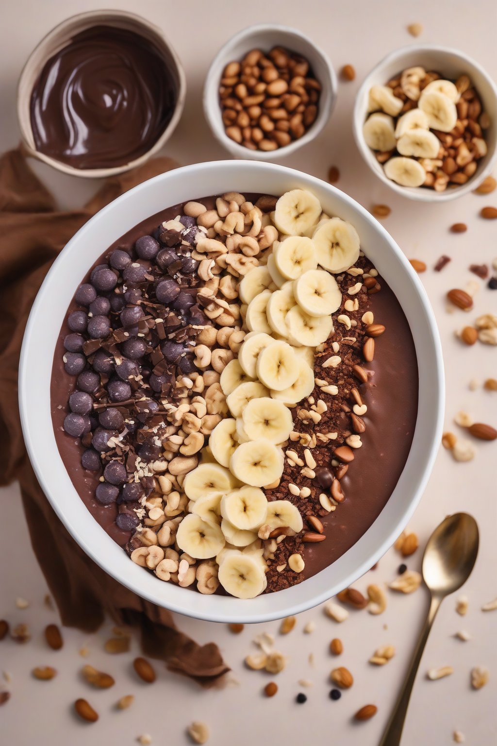A high-resolution photo of a chocolate-hued acai bowl with banana slices, peanuts, and chocolate shavings under soft lighting.
