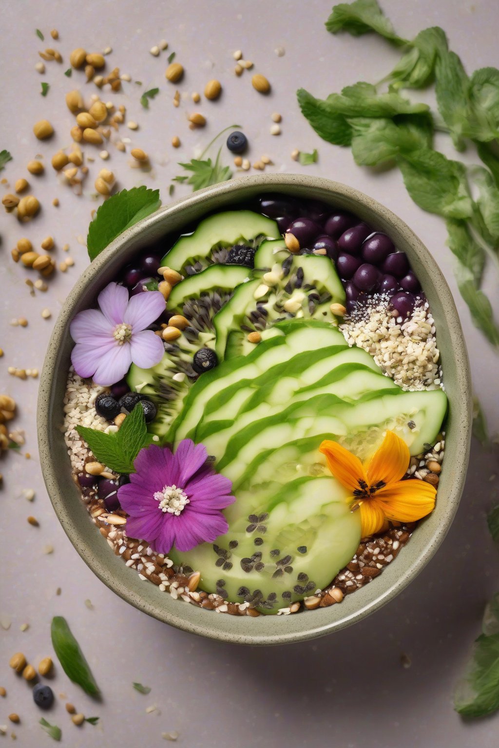 A high-resolution photo of a green-tinged acai bowl garnished with cucumber, hemp seeds, and flowers under soft lighting.