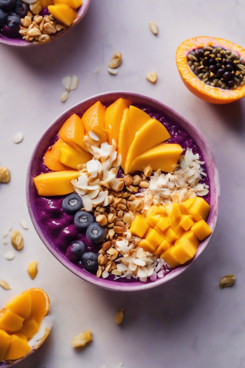 A high-resolution photo of an orange-purple acai bowl loaded with mango, passionfruit, and coconut under soft lighting.
