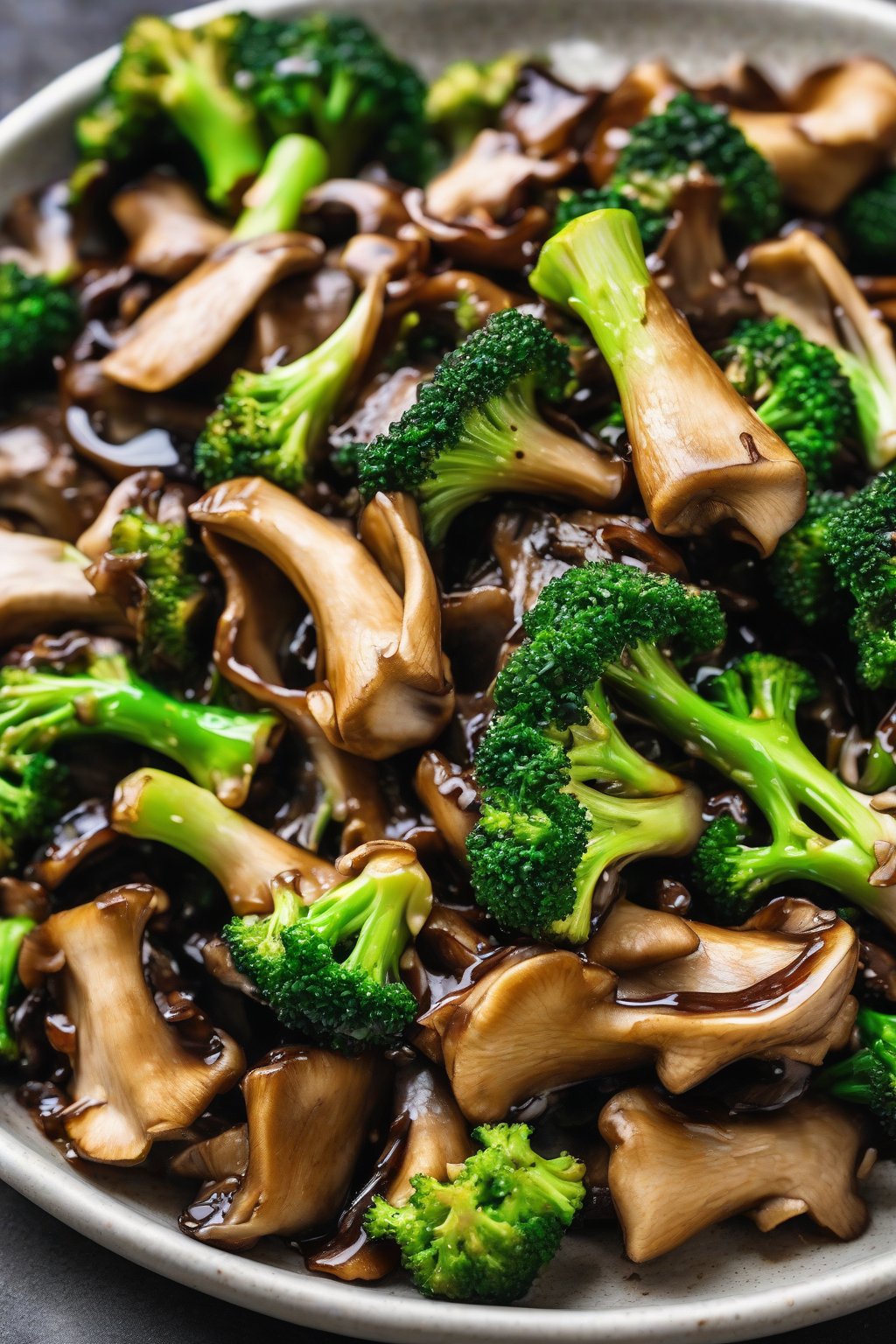 A close-up photo of oyster mushroom and broccoli stir-fry with dark hoisin glaze under soft lighting.