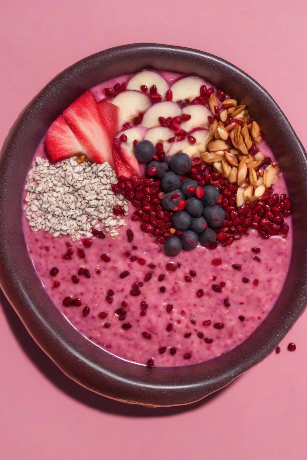 A high-resolution photo of a pink-speckled acai bowl with dragon fruit, pomegranate, and goji berries under soft lighting.