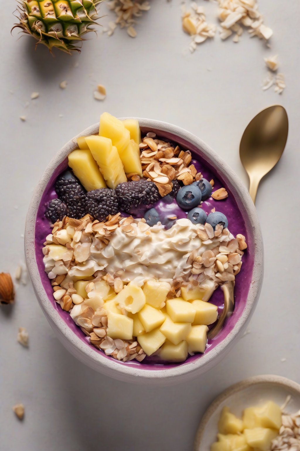 A high-resolution photo of a creamy acai bowl buried in coconut chips, pineapple, and macadamias under soft lighting.