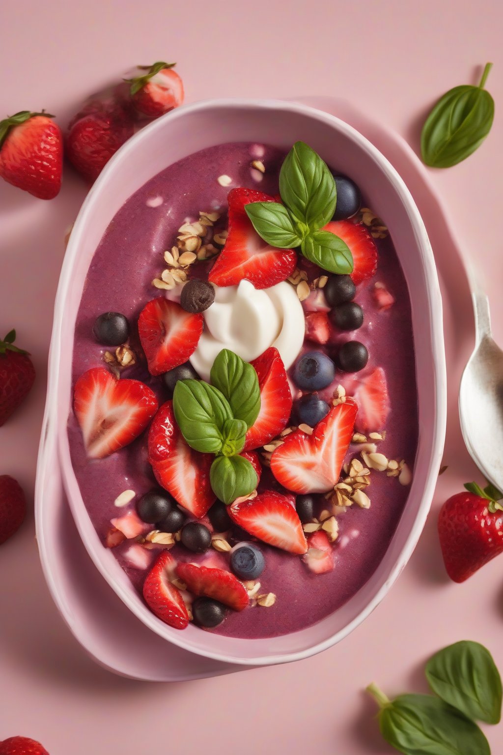 A high-resolution photo of a rosy acai bowl with strawberries, basil, and balsamic under soft lighting.