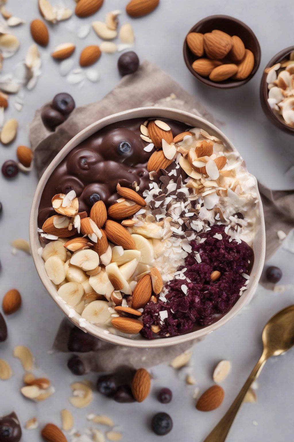 A high-resolution photo of a chocolate-coconut acai bowl with almonds and flakes under soft lighting.